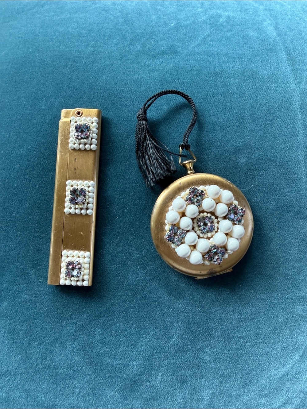 Vintage Gold-Tone Compact and Comb Case with White Bead & Rhinestone Accents